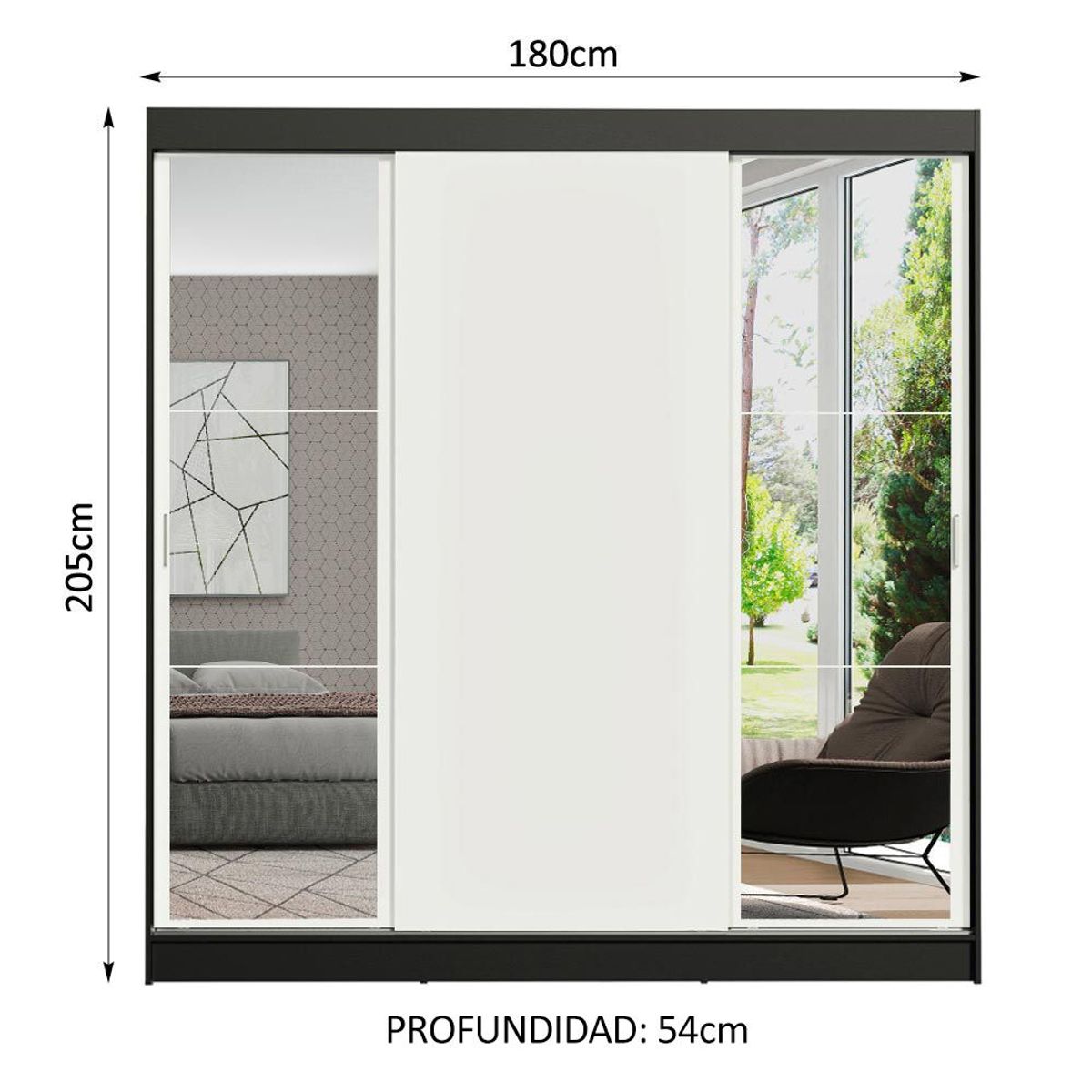MADESA - Clóset Reno 3 Puertas Corredizas 2 Espejos Negro/Blanco 180 cm x 205 cm x 54 cm