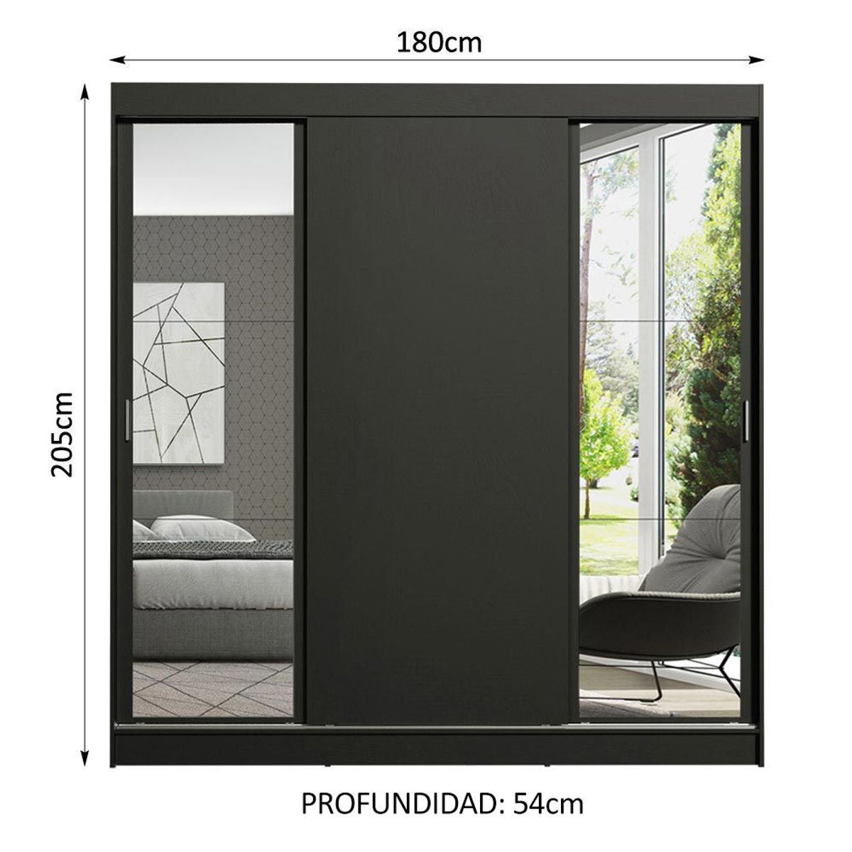 MADESA - Clóset Reno 3 Puertas Corredizas 2 Espejos Negro 180 cm x 205 cm x 54 cm