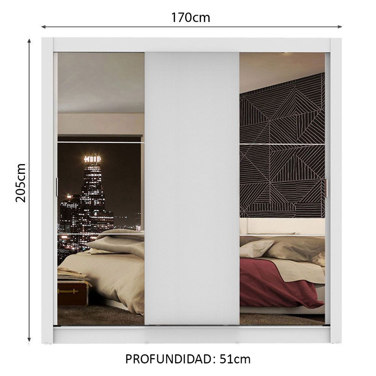 MADESA - Clóset Monaco 3 Puertas Corredizas 2 Espejos Blanco 170 cm x 205 cm x 51 cm
