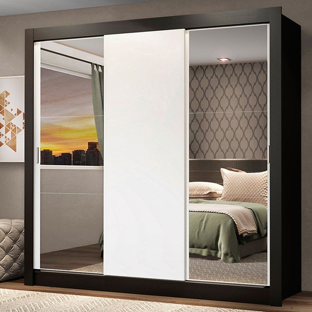 MADESA - Clóset Monaco 3 Puertas Corredizas 2 Espejos Negro/Blanco 170 cm x 205 cm x 51 cm