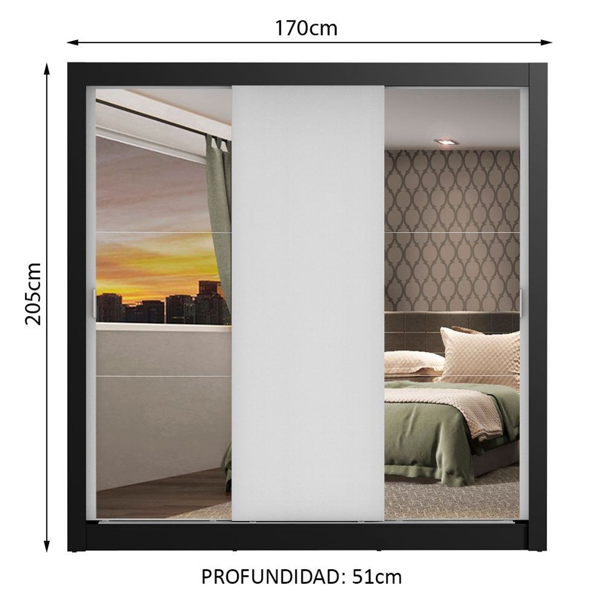 MADESA - Clóset Monaco 3 Puertas Corredizas 2 Espejos Negro/Blanco 170 cm x 205 cm x 51 cm