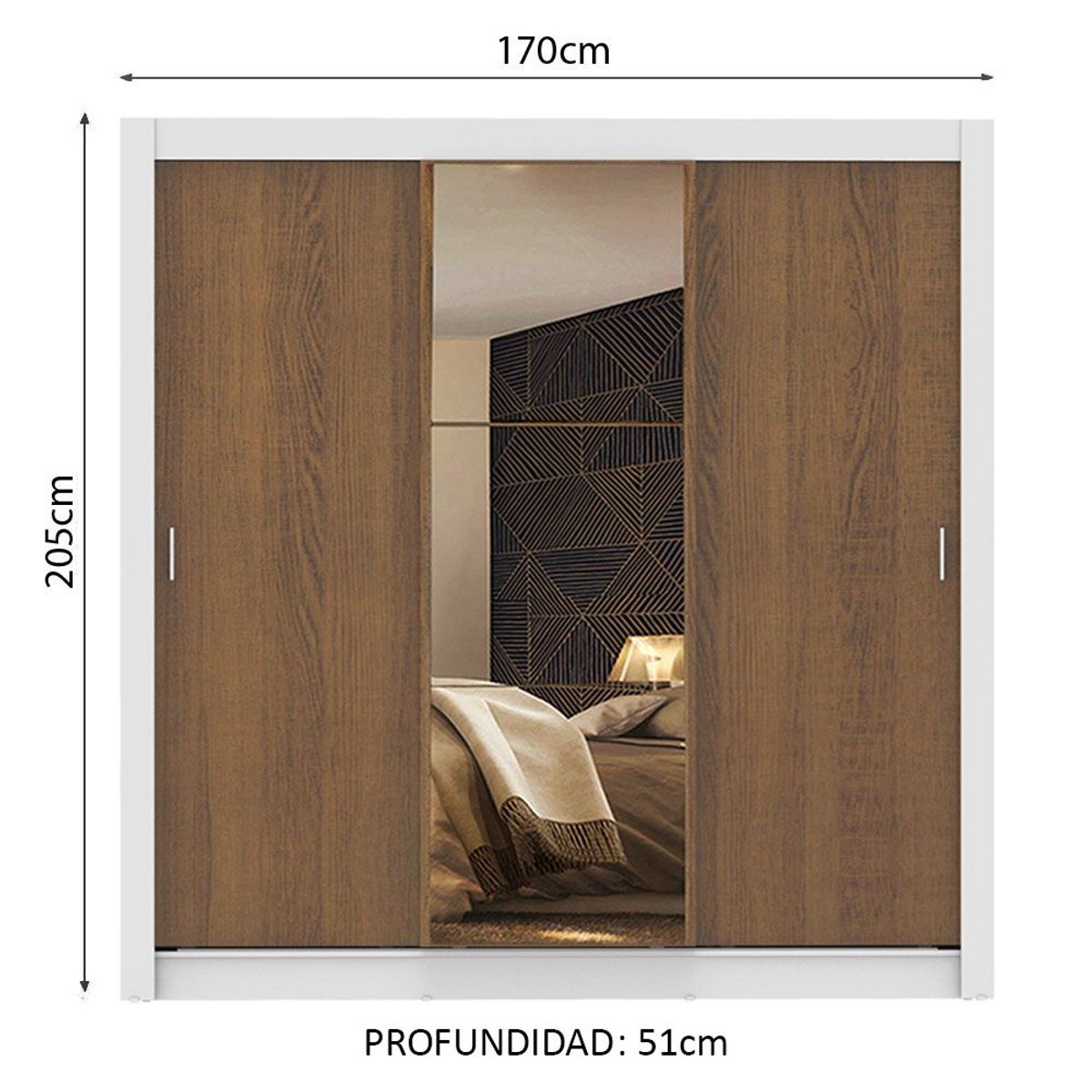 MADESA - Clóset Monaco 3 Puertas Corredizas 1 Espejo Blanco/Marrón 170 cm x 205 cm x 51 cm