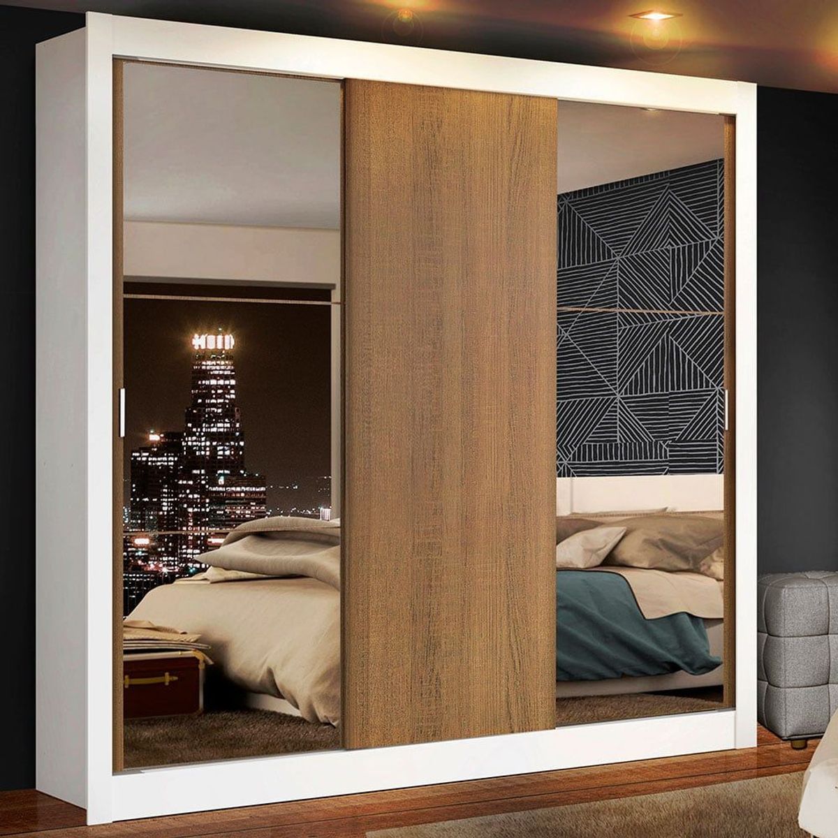 MADESA - Clóset Monaco 3 Puertas Corredizas 2 Espejos Blanco/Marrón 170 cm x 205 cm x 51 cm