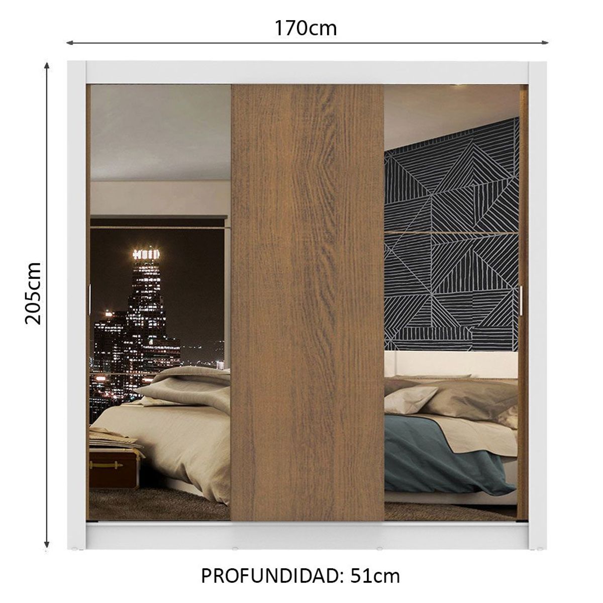 MADESA - Clóset Monaco 3 Puertas Corredizas 2 Espejos Blanco/Marrón 170 cm x 205 cm x 51 cm