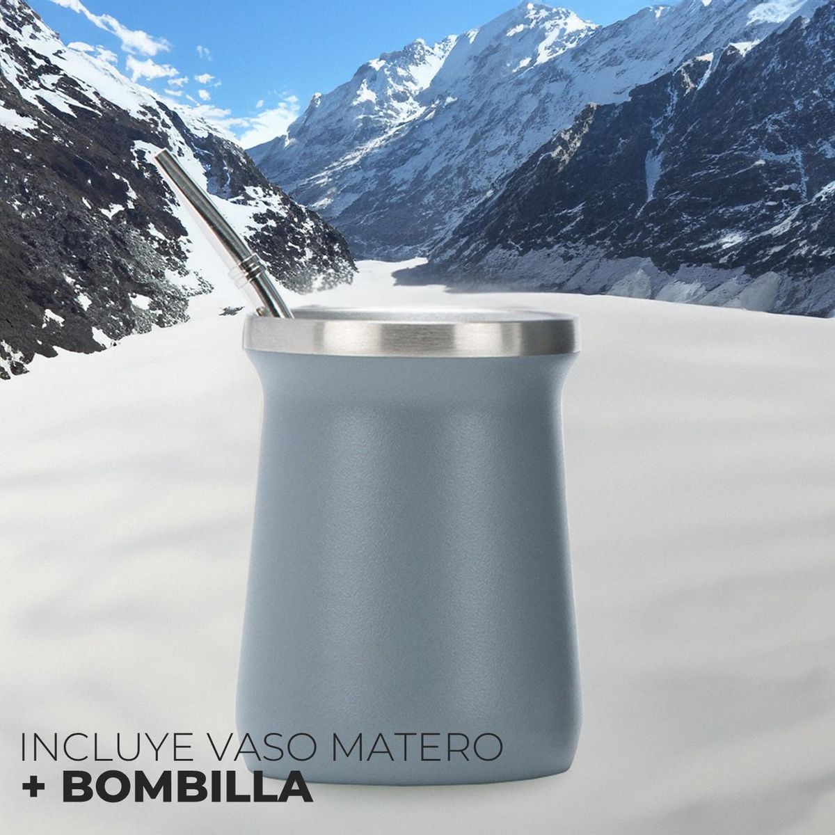 GENERICO - Termo Mate 1 lt + Mate Con Bombilla Acero Inoxidable - Gris