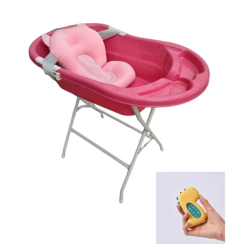 INDUHOGAR - Bañera tina para bebe rosa + soporte + cojin + termometro