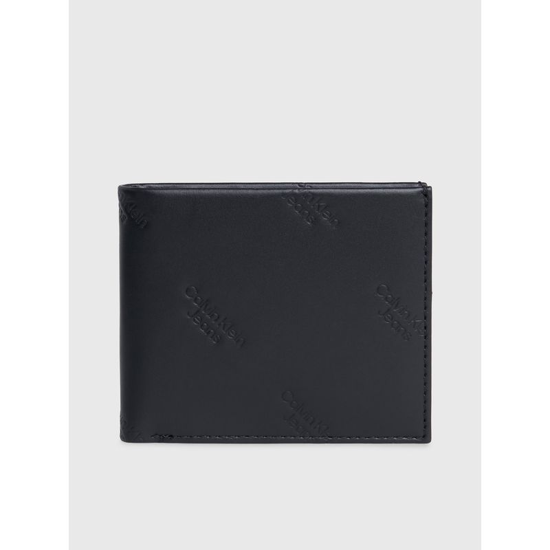 CALVIN KLEIN - Billetera negra de cuero con compartimento para billetes y monedero y RFID con logo Calvin Klein
