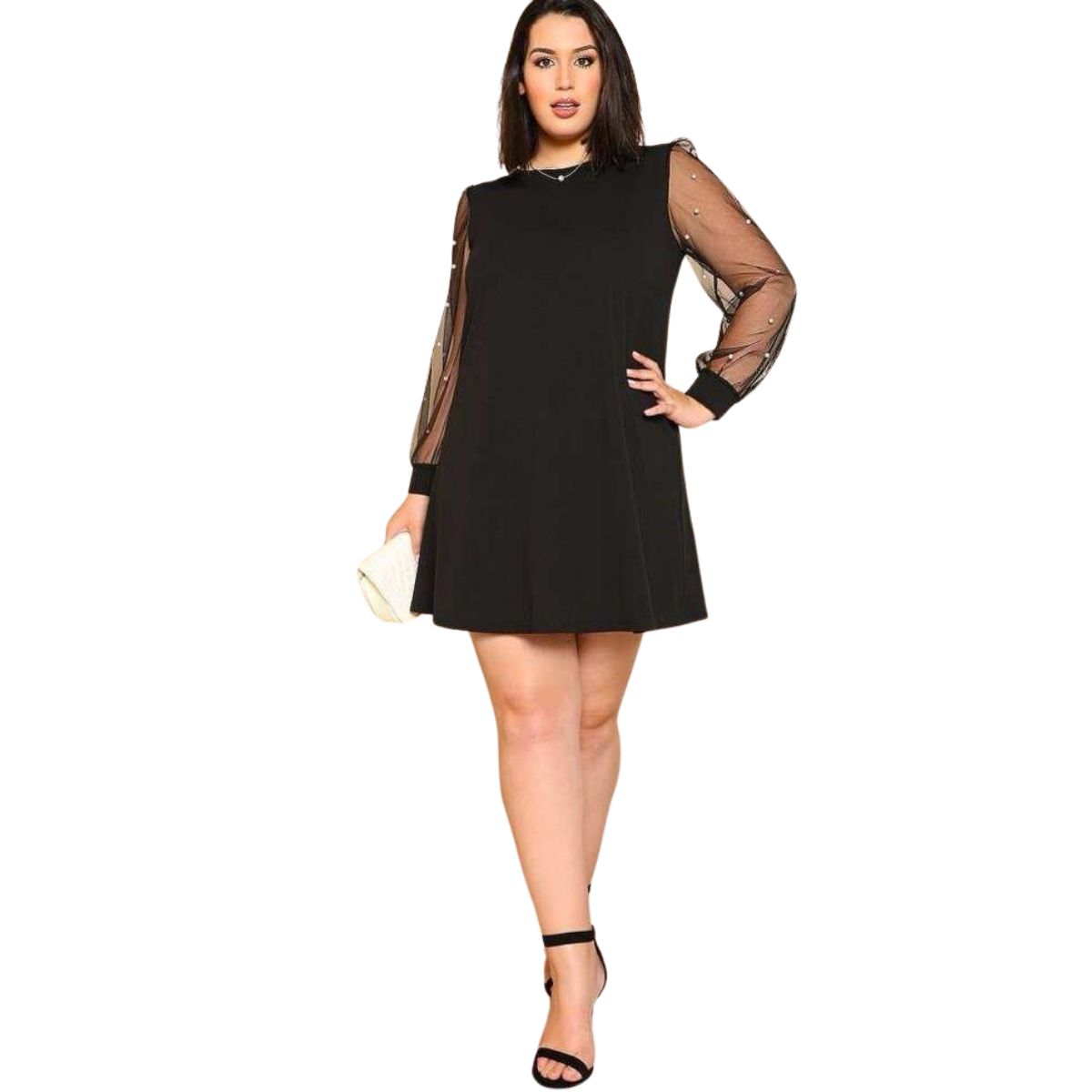 NEGRELI - VESTIDO DE MUJER CON MANGAS TRANSLUCIDA Y PERLAS REF-M2