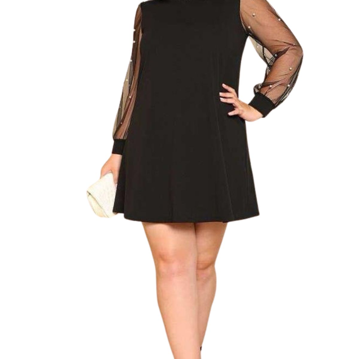 NEGRELI - VESTIDO DE MUJER CON MANGAS TRANSLUCIDA Y PERLAS REF-M2