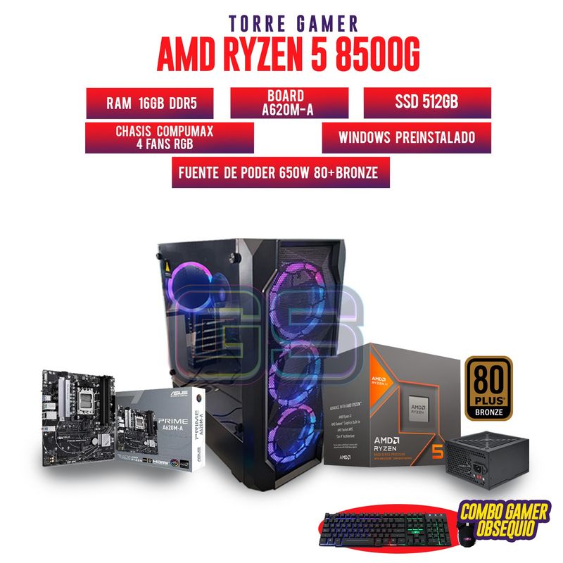 AMD - PC GAMER AMD R5 8500G RAM 16GB DDR5 SSD 512GB M2 BOARD A620M-K + COMBO
