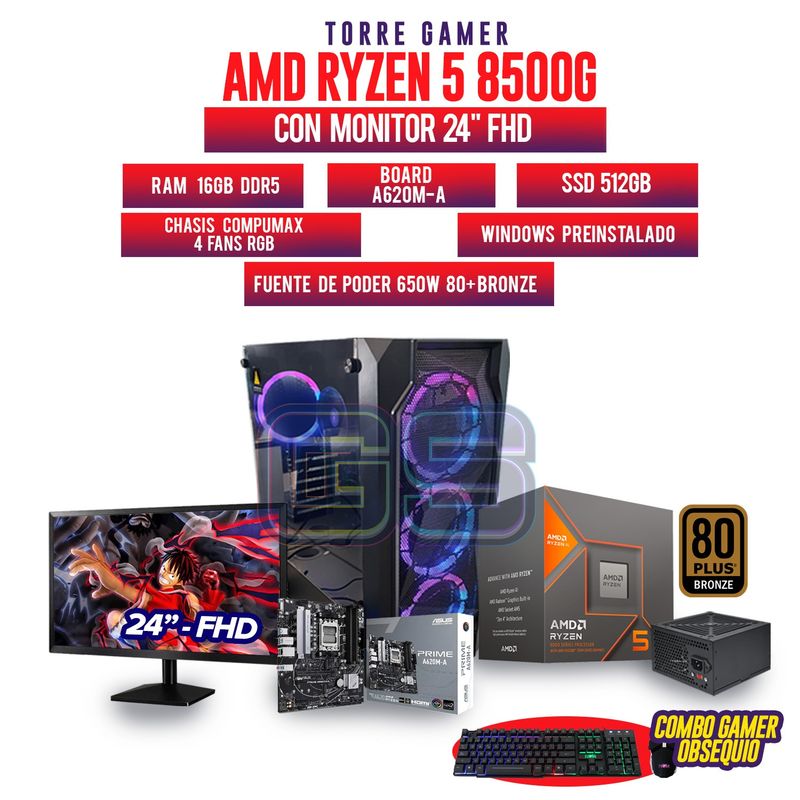 AMD - PC AMD R5 8500G MONITOR 24 RAM 16GB DDR5 SSD 512GB BOARD A620M-K + COMBO GAMER