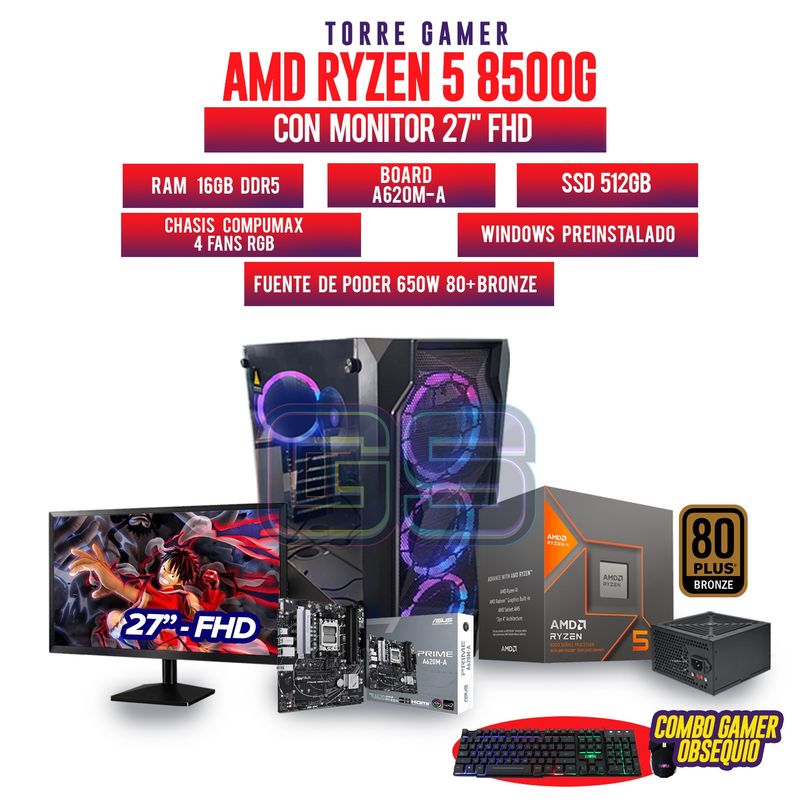 AMD - PC AMD R5 8500G MONITOR 27 RAM 16GB DDR5 SSD 512GB BOARD A620M-K + COMBO GAMER