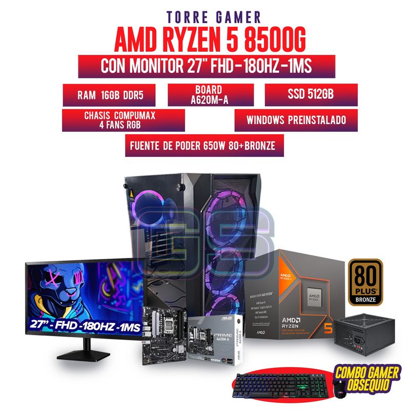 AMD - PC GAMER AMD R5 8500G MONITOR 27 180Hz 1Ms RAM 16GB DDR5 SSD 512GB BOARD A620M-K