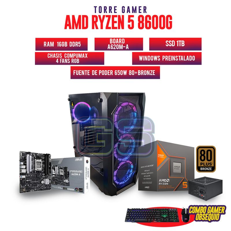 AMD - PC GAMER AMD R5 8600G RAM 16GB DDR5 SSD 512GB M2 BOARD A620M CHASIS GAMER RGB