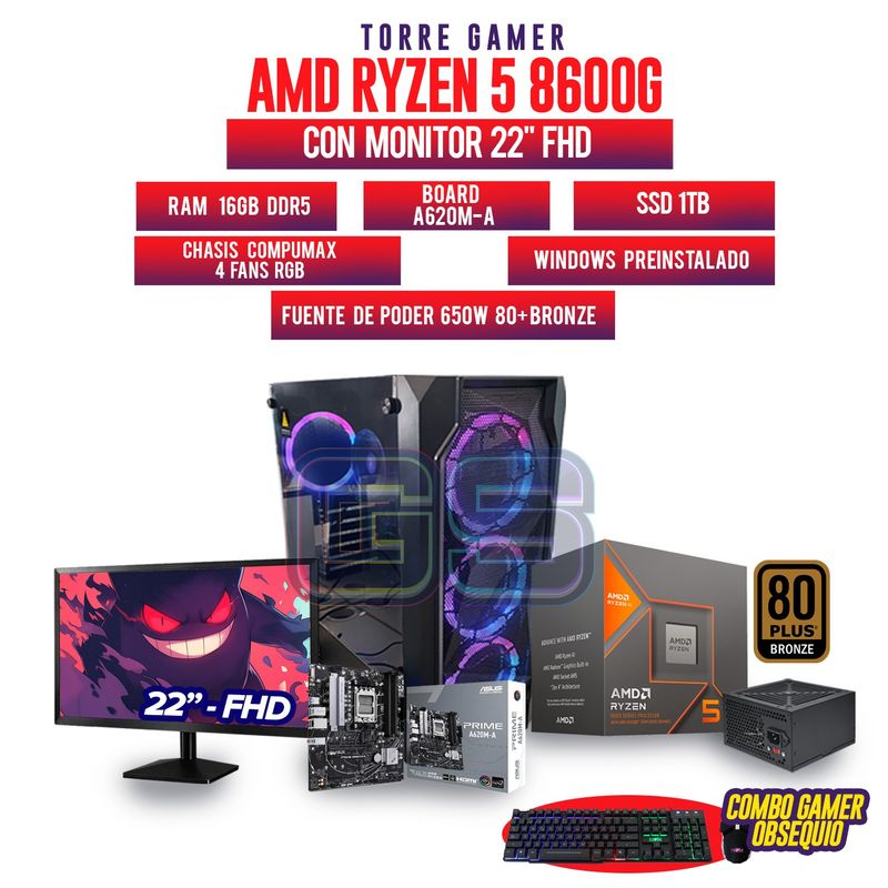 AMD - PC AMD R5 8600G MONITOR 22 RAM 16GB DDR5 SSD SSD 1TB M2 BOARD A620M + COMBO