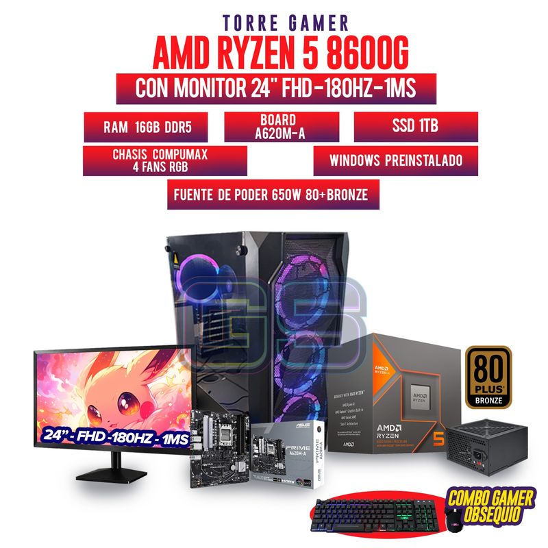 AMD - PC AMD R5 8600G MONITOR 24 180HZ RAM 16GB DDR5 SSD SSD 1TB M2 BOARD A620M-K