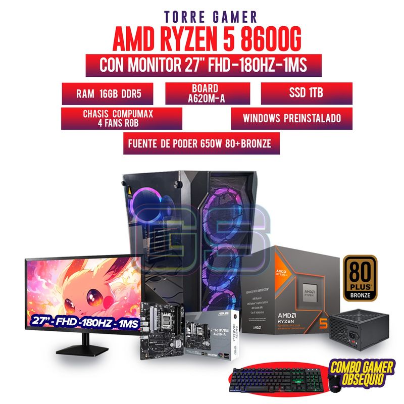 AMD - PC AMD R5 8600G MONITOR 27 180HZ RAM 16GB DDR5 SSD SSD 1TB M2 BOARD A620M-K