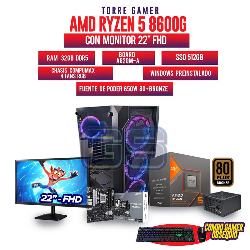 AMD - PC GAMER AMD R5 8600G MONITOR 22 100HZ RAM 32GB DDR5 SSD 512GB NMVE BOARD A620M