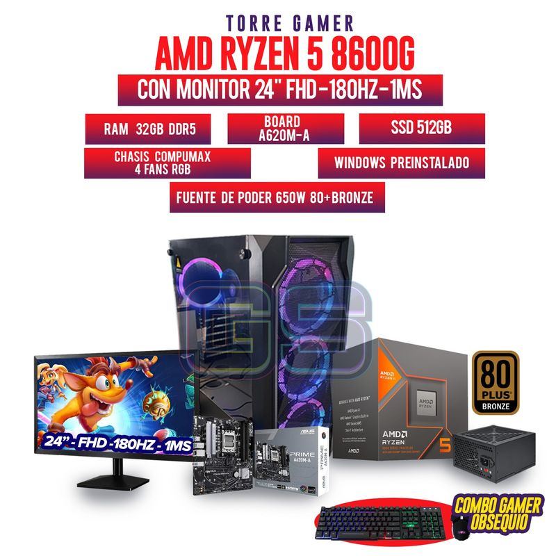 AMD - PC AMD R5 8600G MONITOR 24 180HZ RAM 32GB DDR5 SSD SSD 512GB M2 BOARD A620M