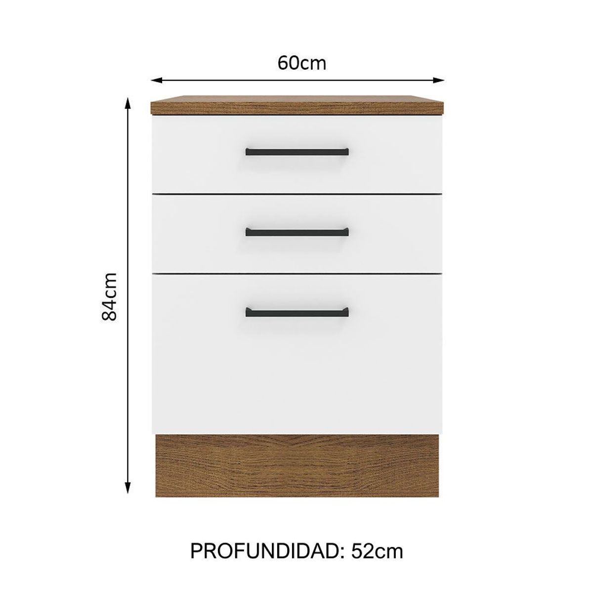 MADESA - Mueble de Cocina Bajo Agata 60 cm 3 Cajones Marrón/Blanco