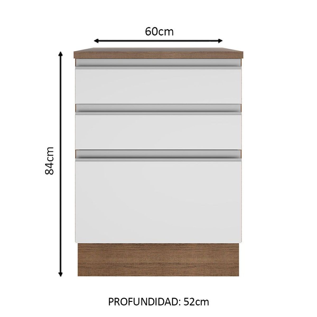 MADESA - Mueble de Cocina Bajo Glamy 60 cm 3 Cajones Marrón/Blanco