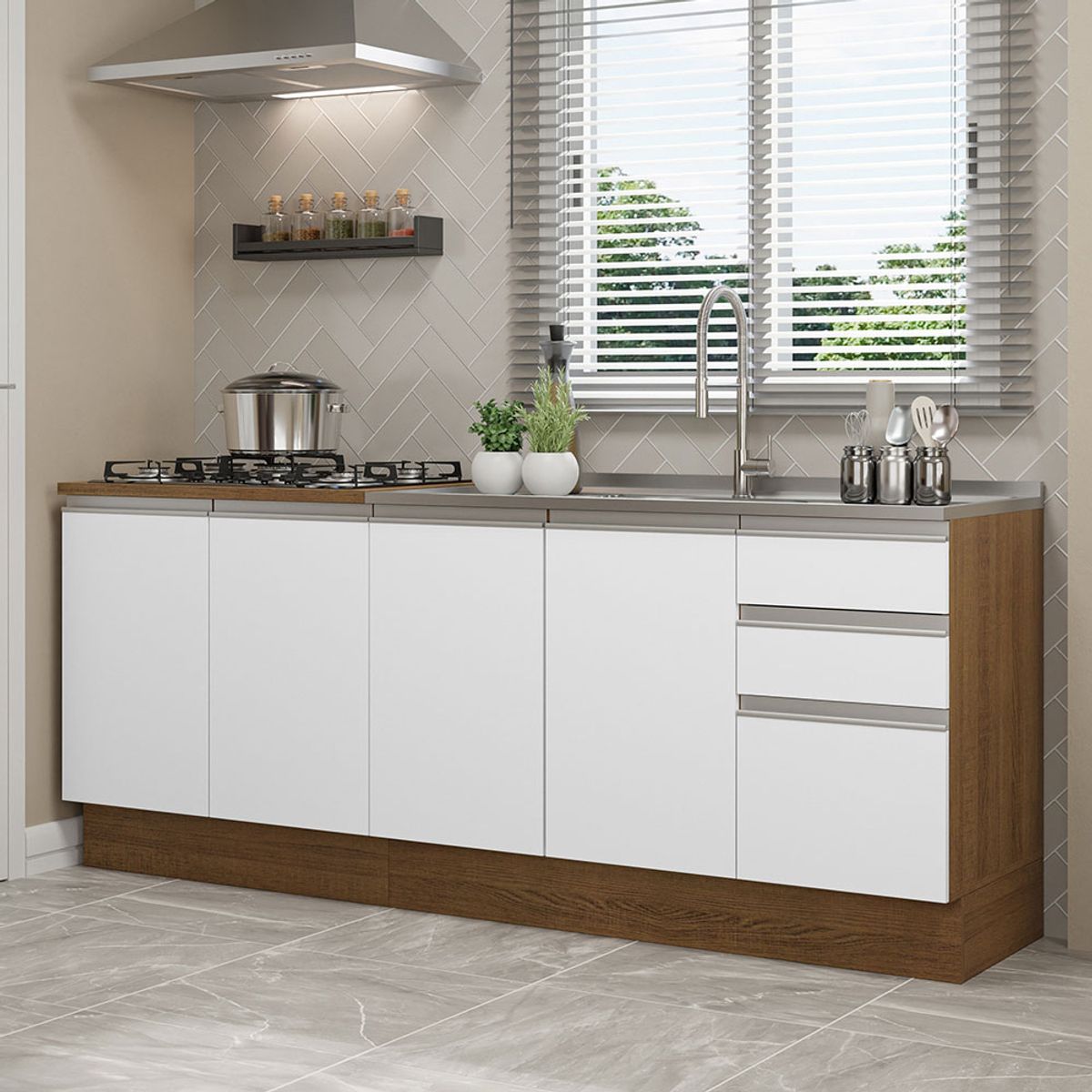 MADESA - Kit 2 Muebles de Cocina Bajo Glamy 2.00 Metros Marrón/Blanco