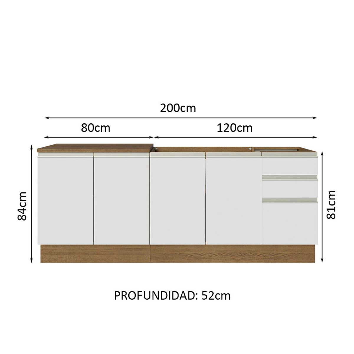 MADESA - Kit 2 Muebles de Cocina Bajo Glamy 2.00 Metros Marrón/Blanco