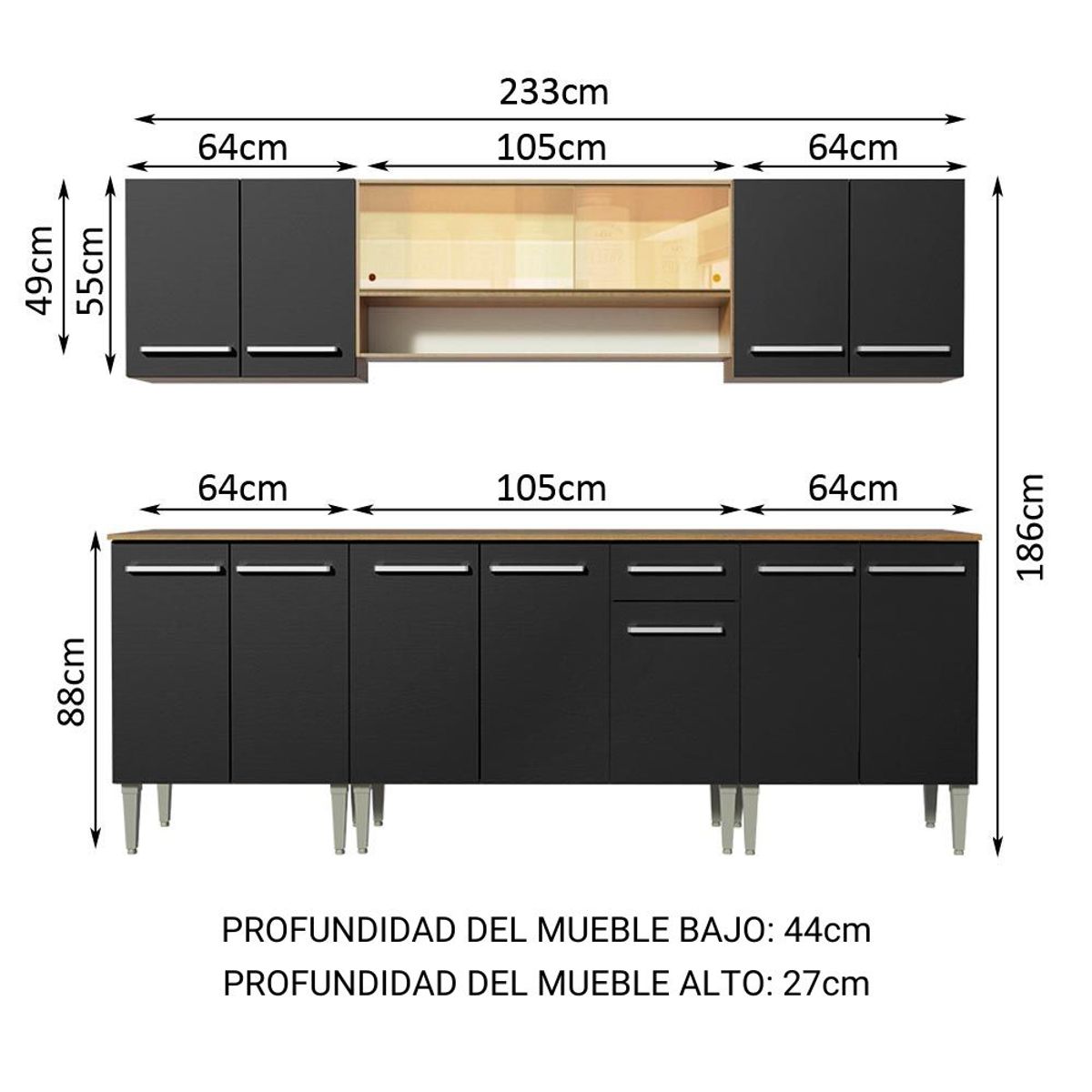 MADESA - Cocina Integral Emilly Smile 2.30 Metros Marrón/Negro