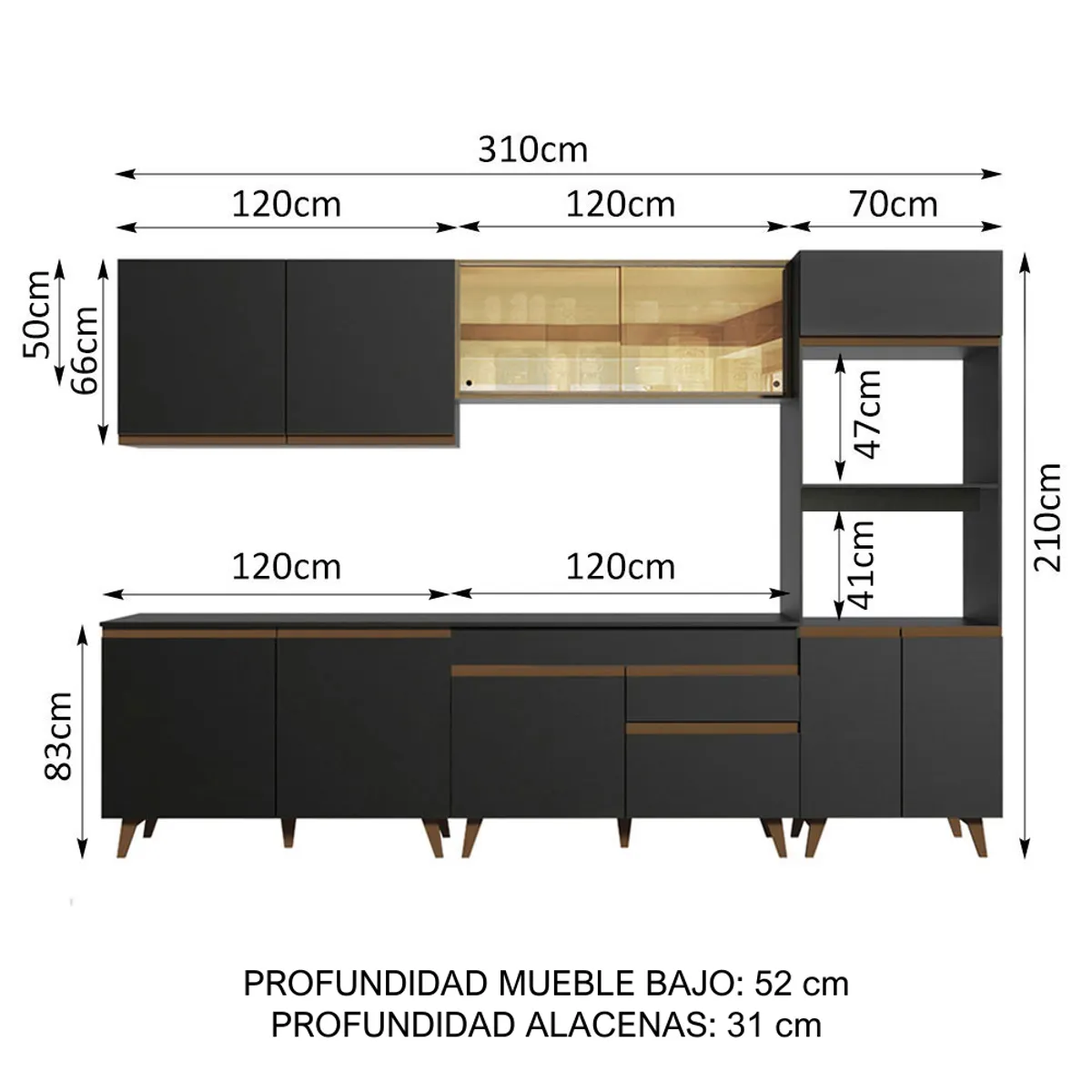 MADESA - Cocina Integral Reims 3.10 m con Encimera Negro/Marrón 01