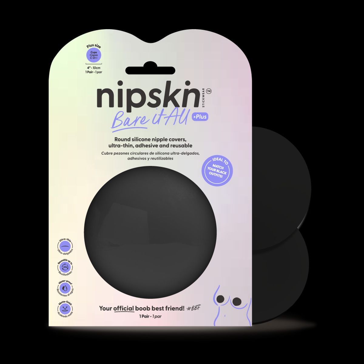 NIPSKIN - Cubre Pezón Negro Adhesivos Reutilizables Ultra delgados Talla Plus