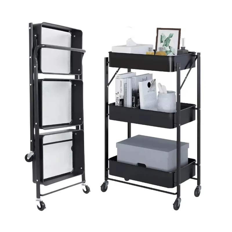 GENERAL - Carro Organizador Con Ruedas Plegable 3 Niveles Multiuso Negro