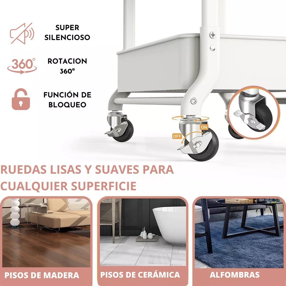 GENERAL - Organizador Carro Con Ruedas Plegable 3 Niveles Multiuso Blanco