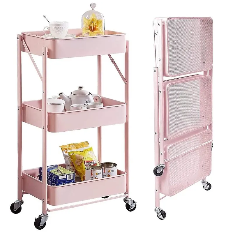 GENERAL - Organizador Carro Multiuso Plegable 3 Niveles Con Ruedas Rosa