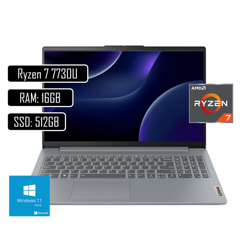 LENOVO - Portatil Lenovo SLIM 3 AMD Ryzen 7 7730U - Ram 16GB - SSD 512GB PANT 15.6´´ - RJ45 - GRIS