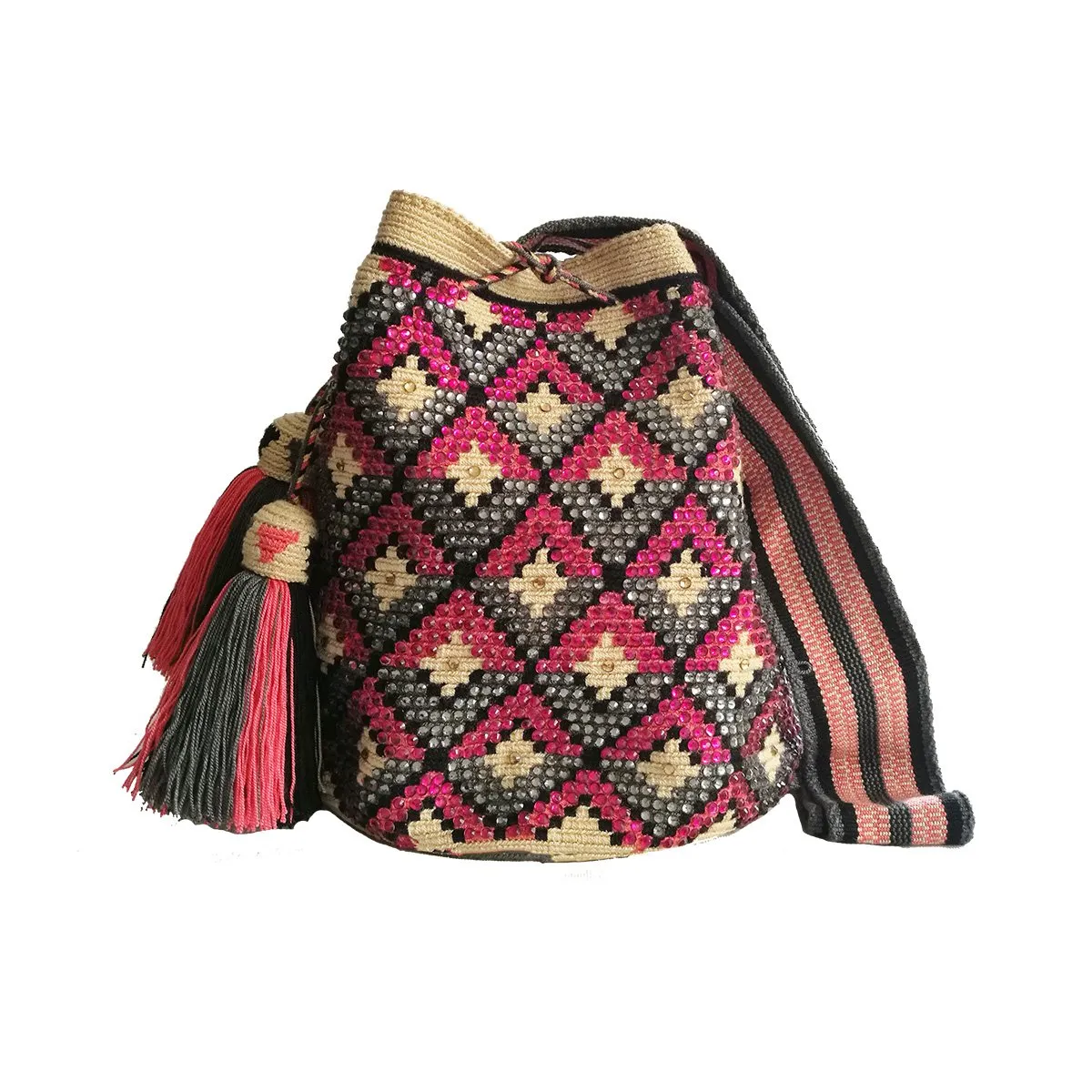TEJIDO SAGRADO - Bolso tejido a mano en hilo gris y magenta decorado con cristales_.