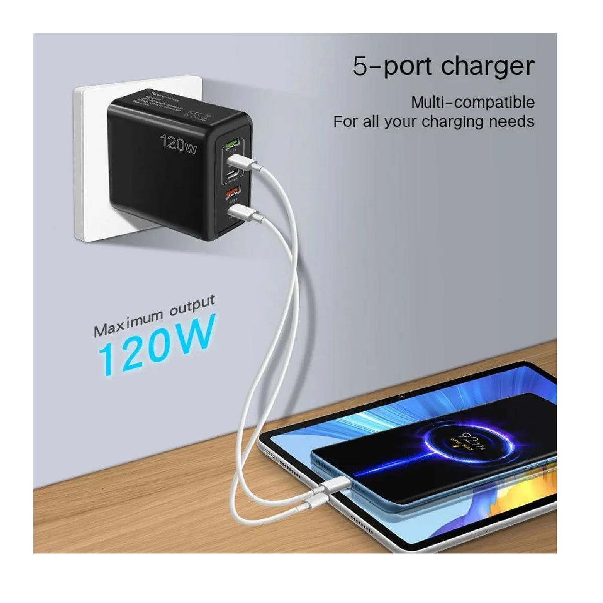 GENERICO - Multi Cargador De Carga Rapida 120W Con 3 Puertos Tipo C Y 2 Puertos USB Tipo A