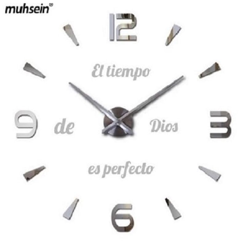 COOL TIME RELOJES - RELOJ DE PARED 3D TAMAÑO MINI + FRASE EN VINILO COLOR PLATEADO