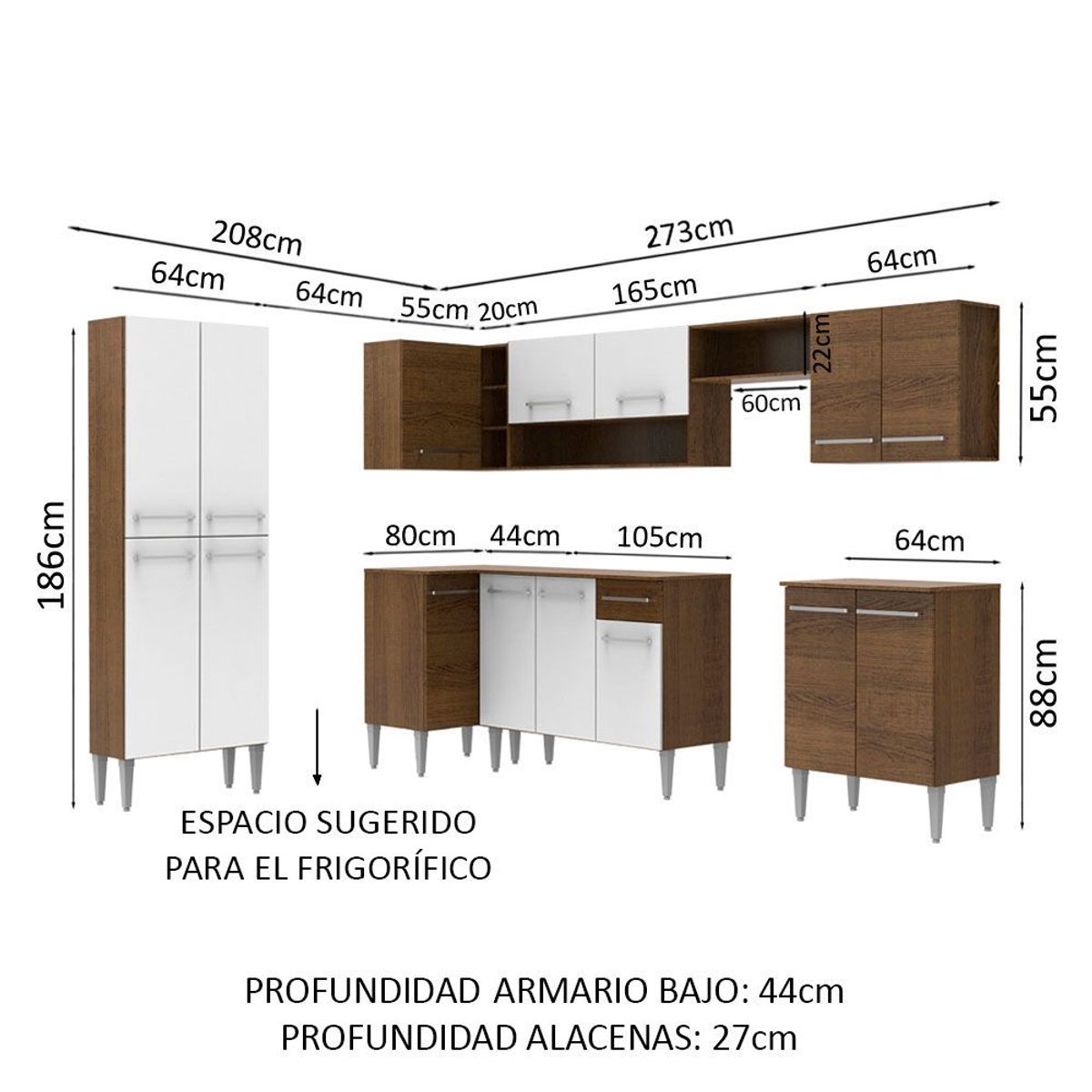 MADESA - Cocina Integral de Esquina Emilly Moon 4.80 m Marrón/Blanco