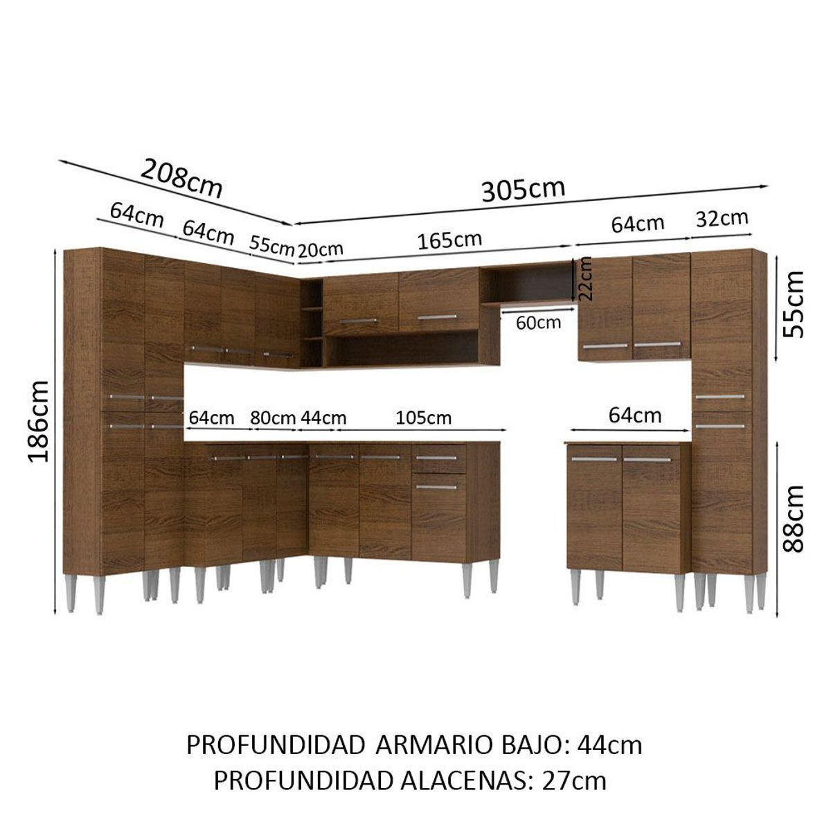 MADESA - Cocina Integral de Esquina Emilly Big 5.15 m Marrón
