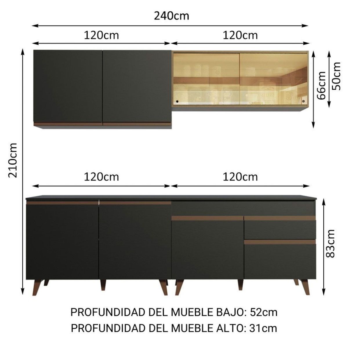 MADESA - Cocina Integral Reims 2.40 m con Encimera Negro/Marrón 01