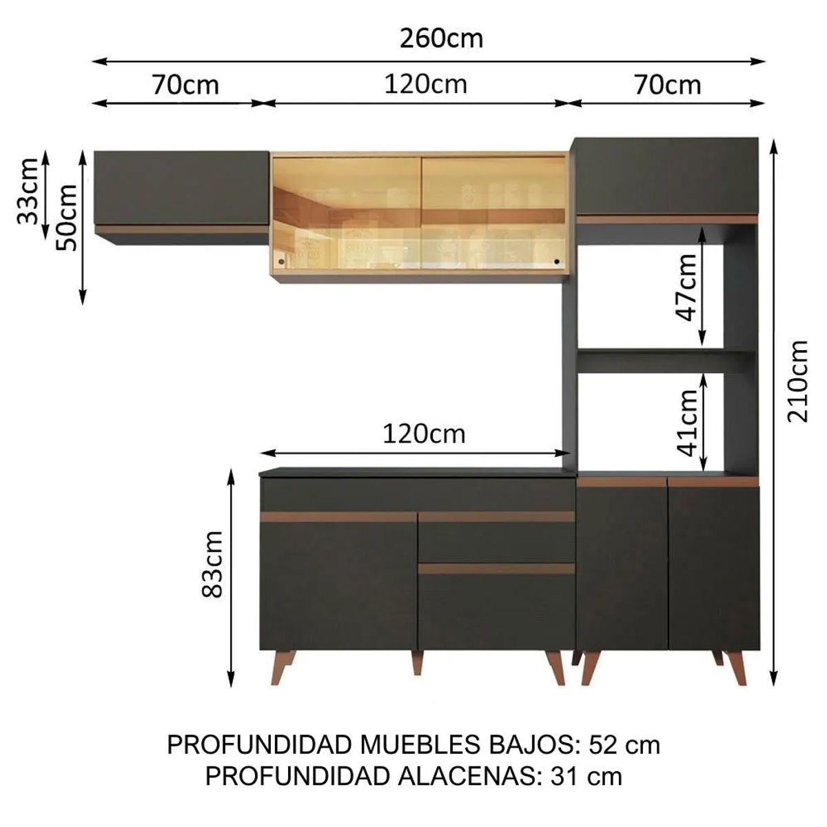 MADESA - Cocina Integral Reims 2.60 m con Encimera Negro/Marrón 01