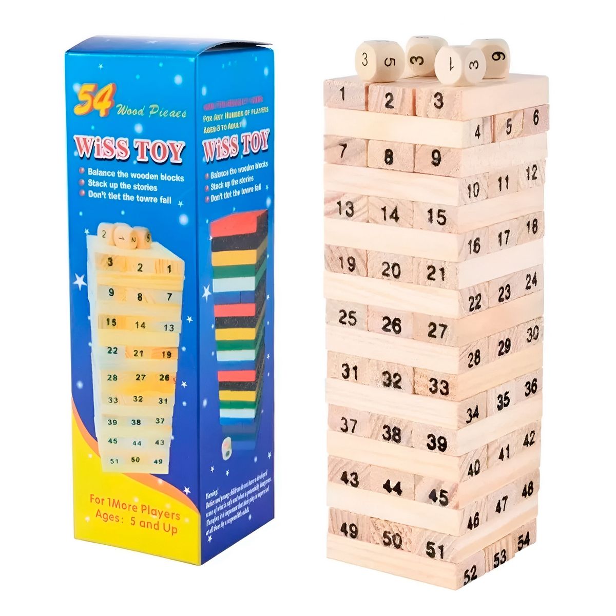 DAYOSHOP - Jenga Torre Madera Pequeña Bloques 48pc Dados Juego Mesa