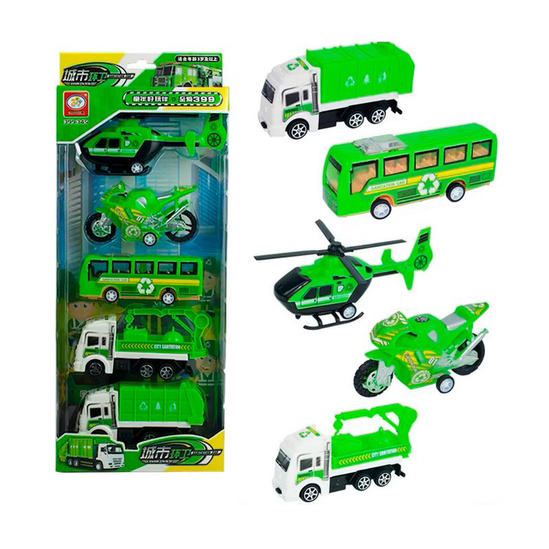 GENERICO - Carros De Impulso Moto Grua Bus Helicoptero Recoleccion 5 Pc