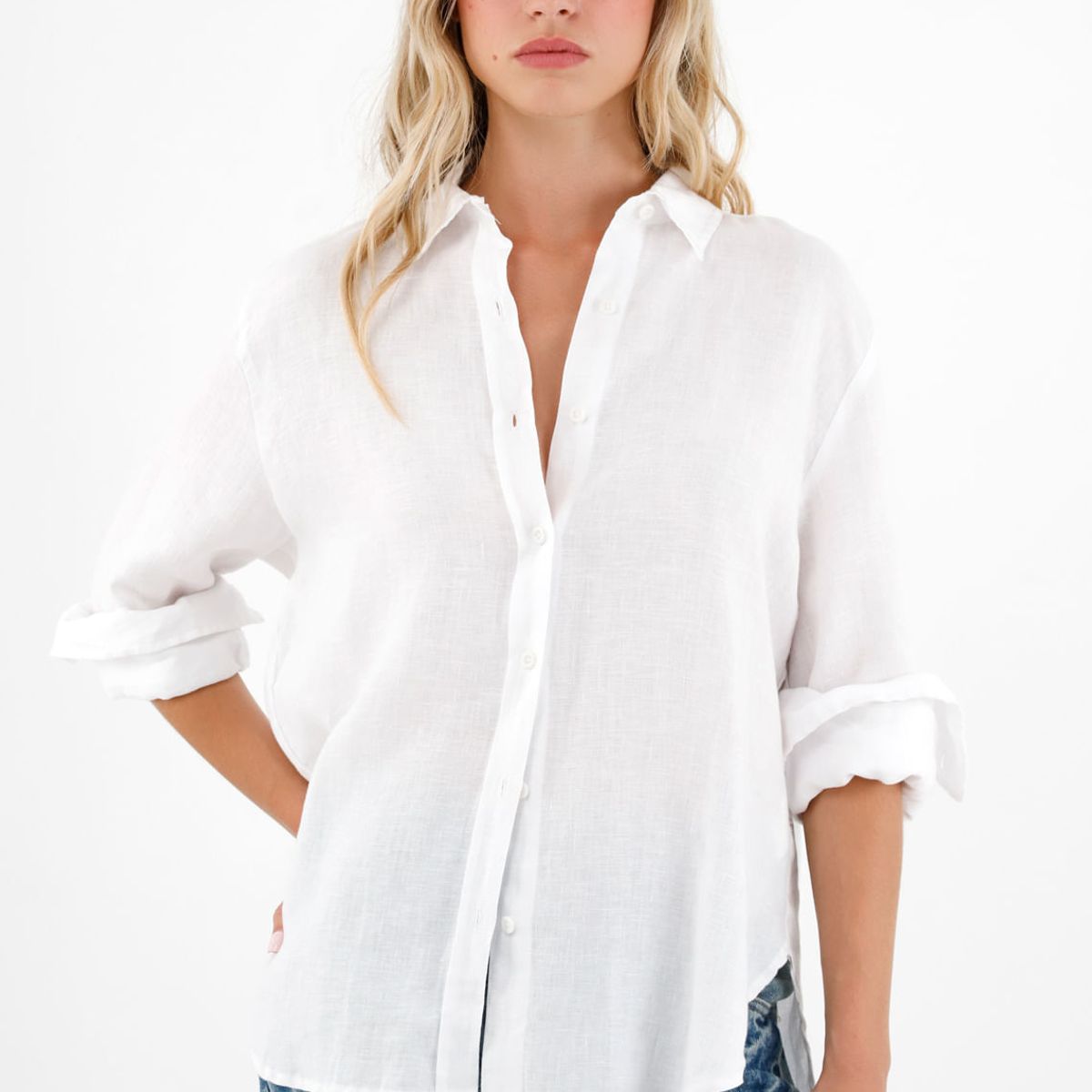 TENNIS - Camisa 100% lino manga larga blanca para mujer