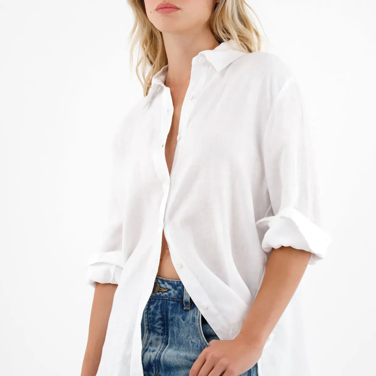 TENNIS - Camisa 100% lino manga larga blanca para mujer