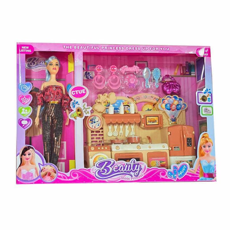 GENERICO - Muñeca Vestido Moda Cocina Completa Nevera Accesorios Niñas