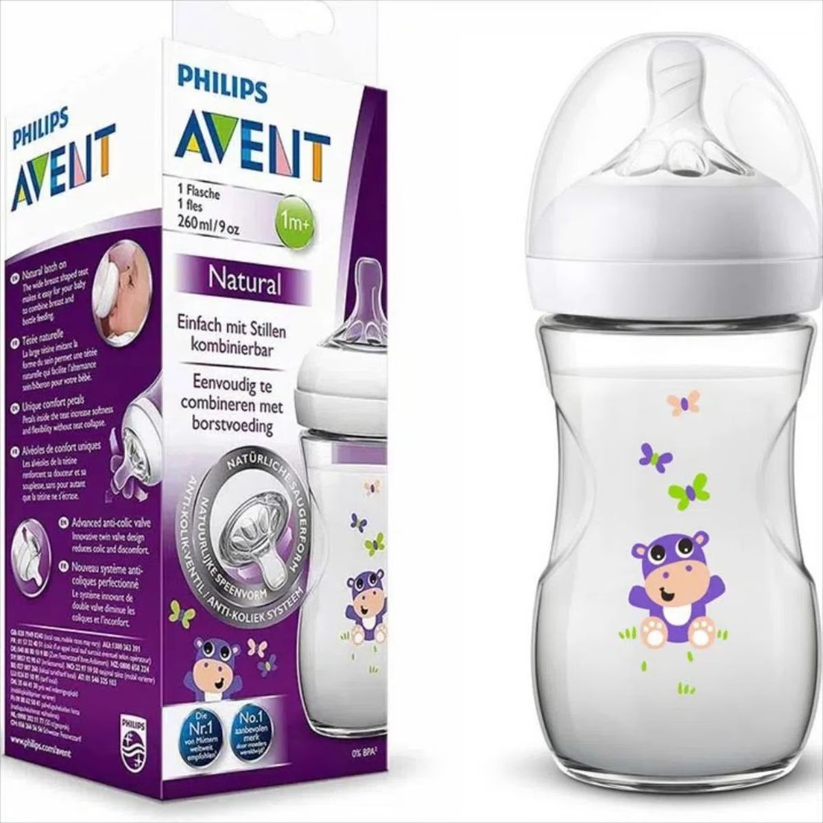 AVENT - Tetero Bebe Natural 2.0 De 9 Onzas Hipopótamo Avent