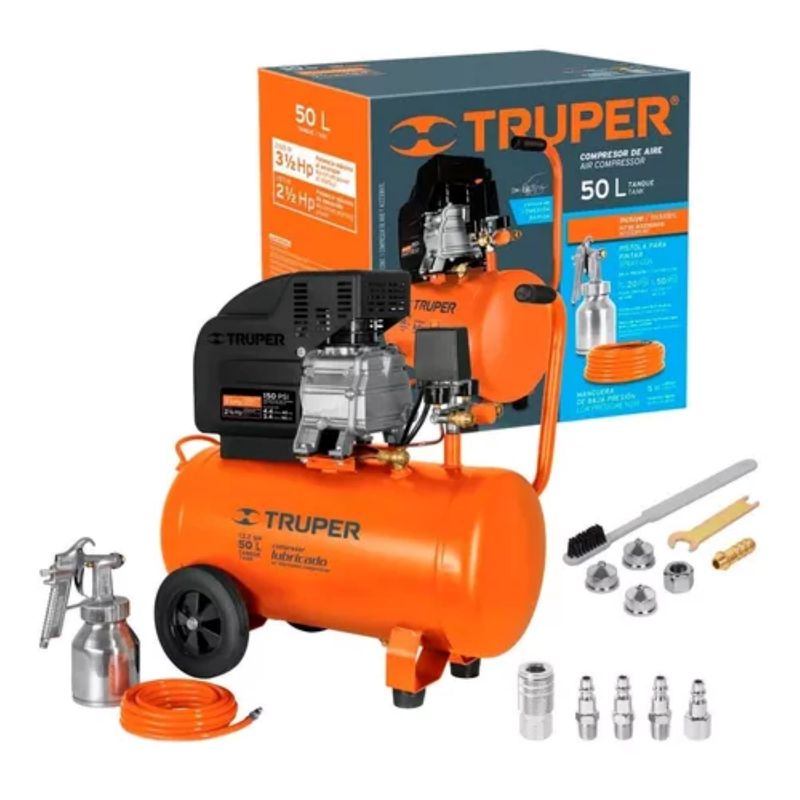 TRUPER - Compresor 50l + Pistola+manguera+acoples+kit Limpieza Truper