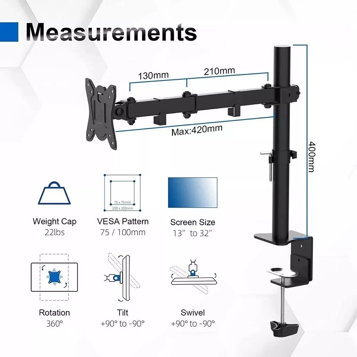 GENERICO - Soporte De Escritorio Para Monitor Con Brazo Y Giro De 360º