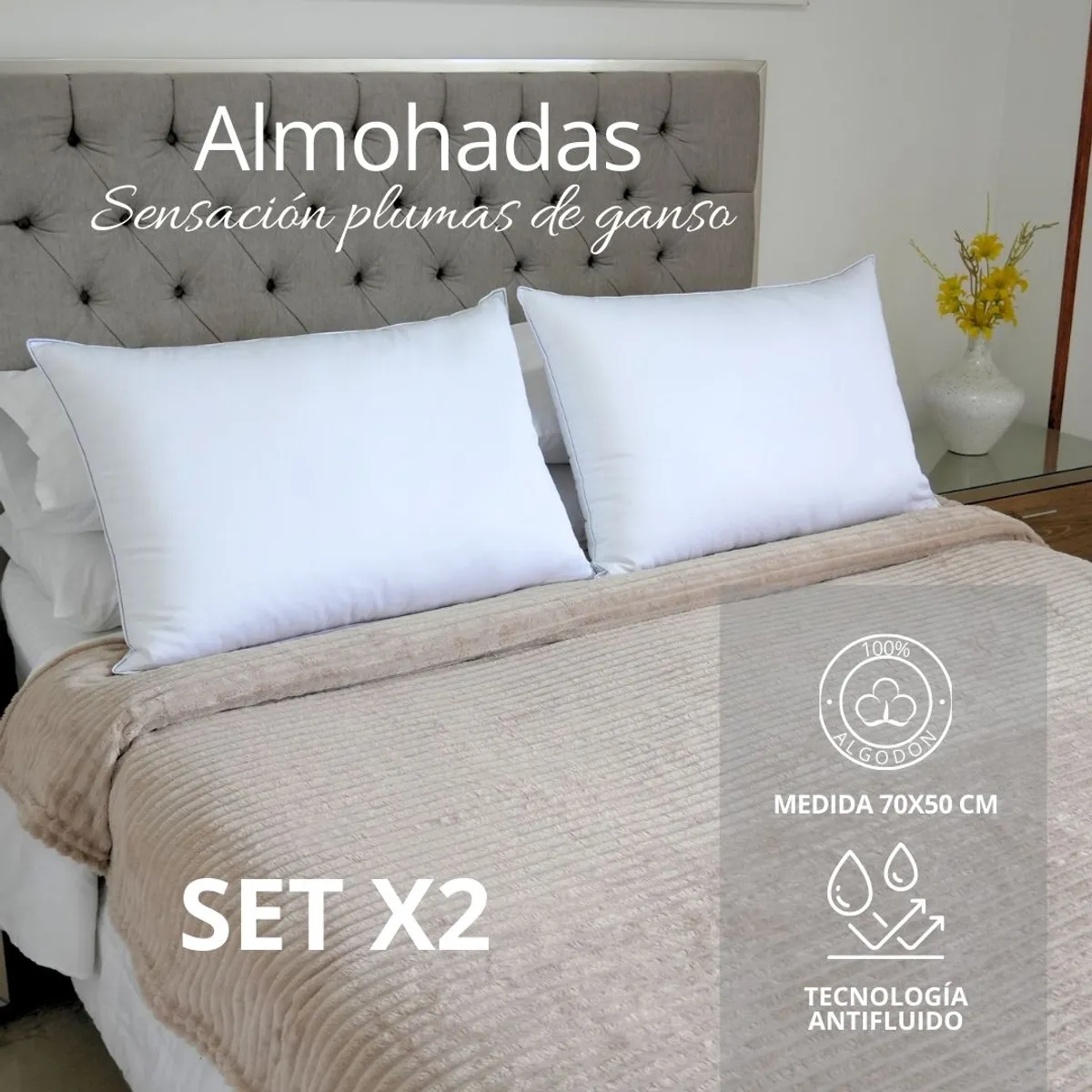 HOGARETO - Set x 2 Almohadas Antifluido Sensación Plumas de Ganso Tela Algodón